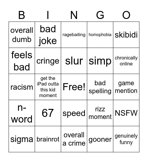 Gen Alpha Bingo Card
