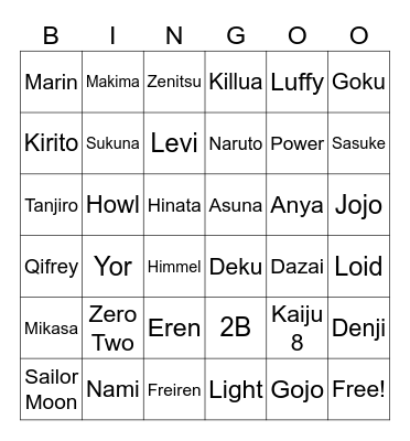 Anime and Cosplay Expo Bingo Card