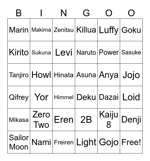 Anime and Cosplay Expo Bingo Card