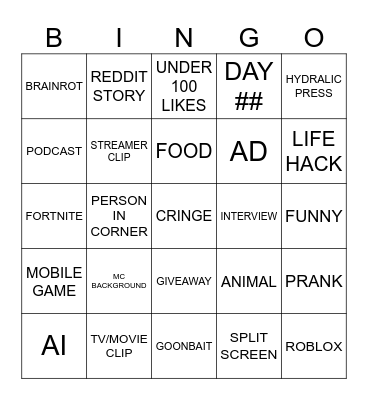 YOUTUBE SHORTS BINGO Card
