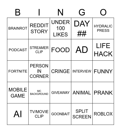 YOUTUBE SHORTS BINGO Card