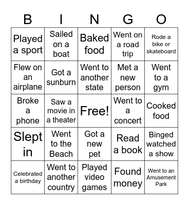 Summer Break Bingo Card