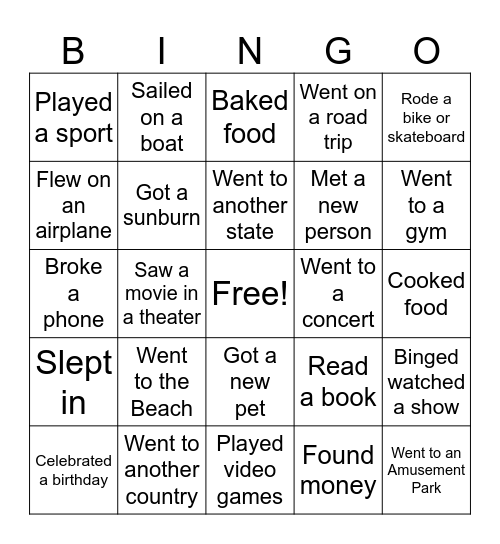 Summer Break Bingo Card