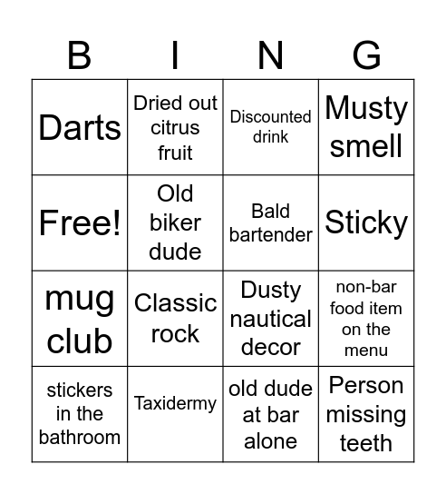 Dive bar bingo Card