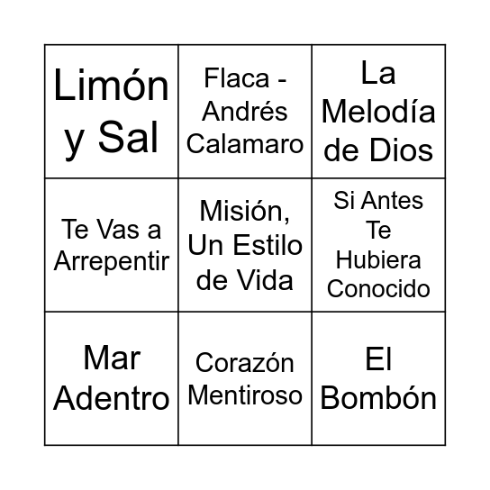 Bingo Musical Bingo Card