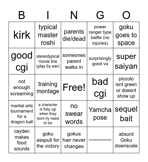 dragon ball Bingo Card