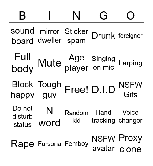 Vrchat bingo Card