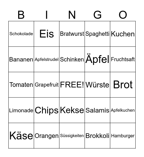 German Food Bingo Card