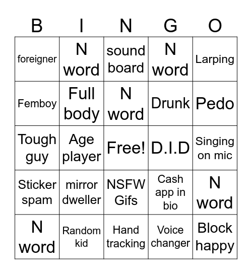 Vrchat bingo Card