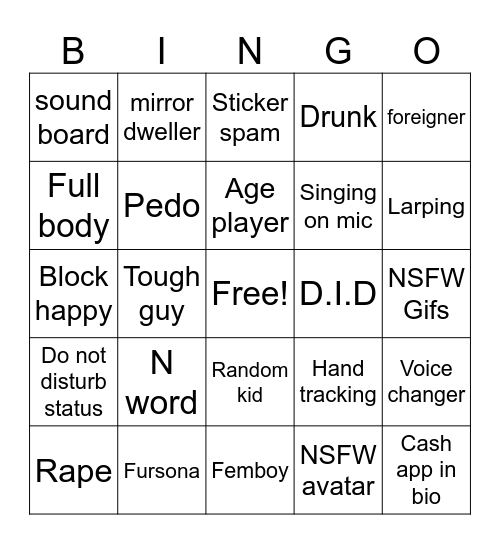 Vrchat bingo Card
