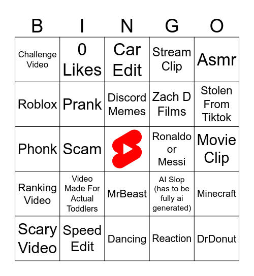 Youtube Shorts Bingo Card