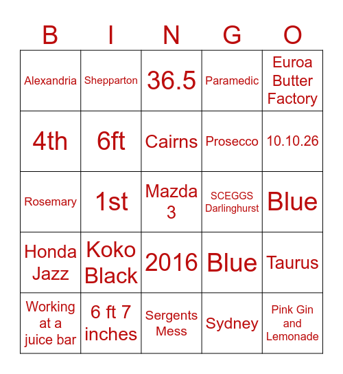 Emma's Hens Bingo Card