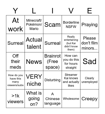 YT Live Bingo Card