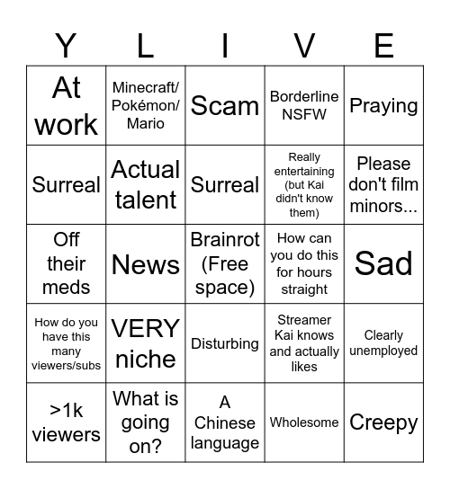 YT Live Bingo Card