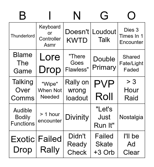 Destiny 2 Bingo Card
