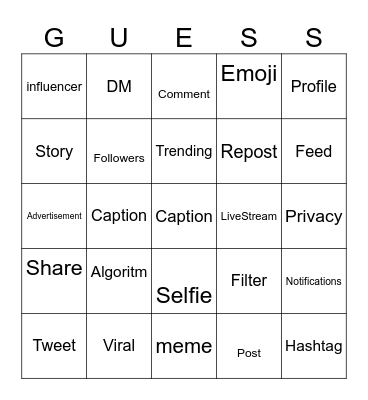 Social Media Bingo Card
