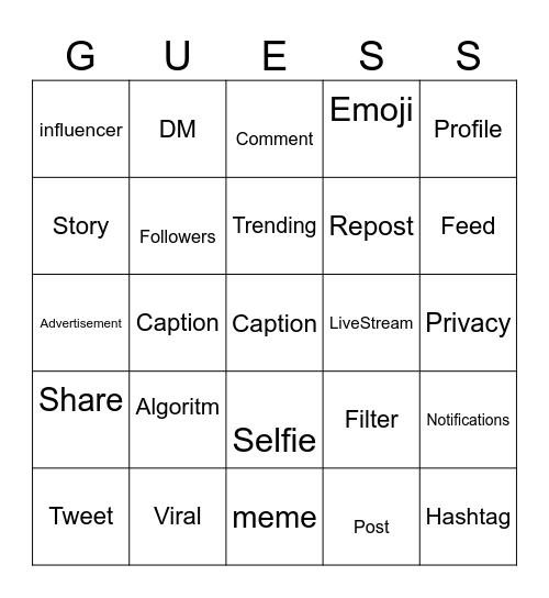 Social Media Bingo Card