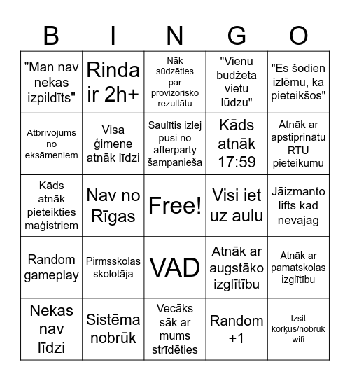 Pēdējā uzņemšanas diena Bingo Card