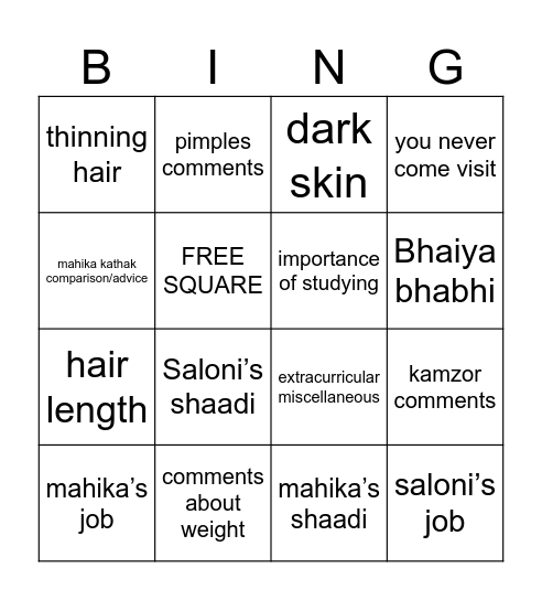 Bharti Bhua Bingo Card