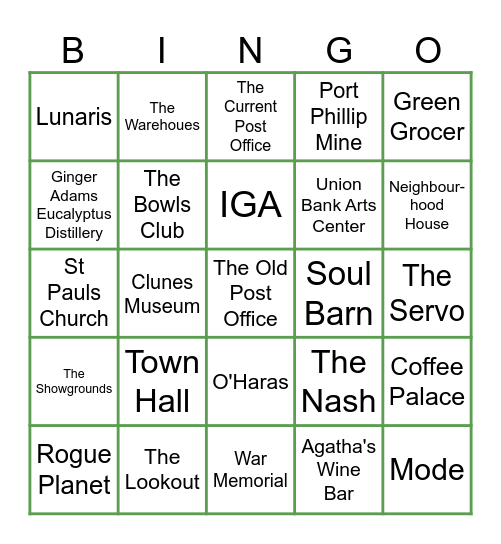 Clunes Bingo Card