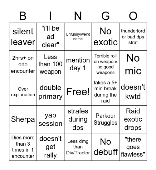 Destiny 2 Lfg Bingo Card