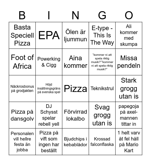 Pizzafesten Bingo Card
