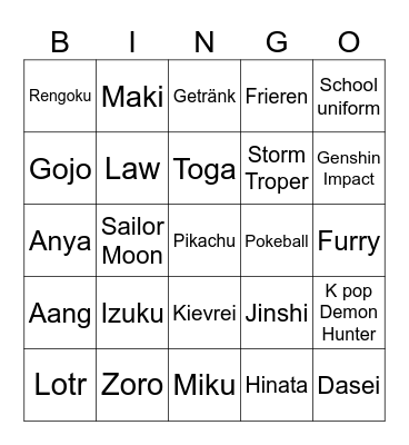 Anime messe cosplay Bingo Card