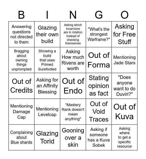 100% Shot Chance Bingo Card