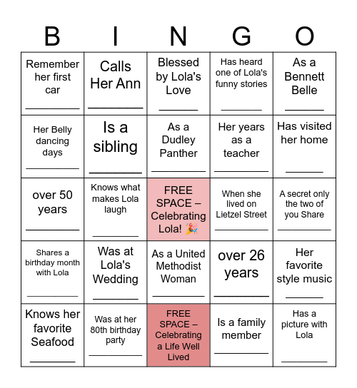 Celebrating Lola: Find Someone Who Knows… Bingo Card