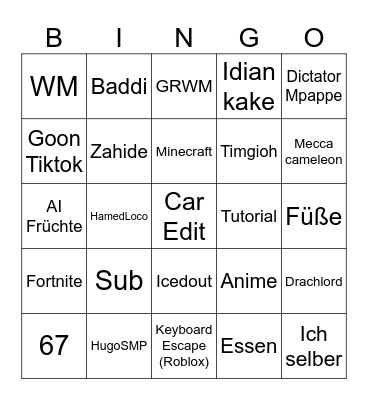 Tiktok FYP Bingo Card