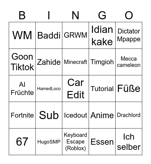 Tiktok FYP Bingo Card
