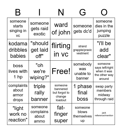Raid Bingo Card