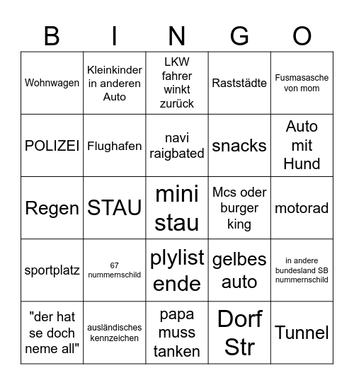 Autofahrt Bingo Card