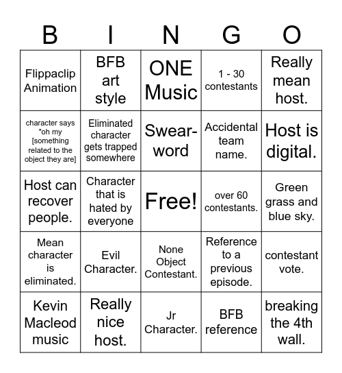 Object Show Bingo Card