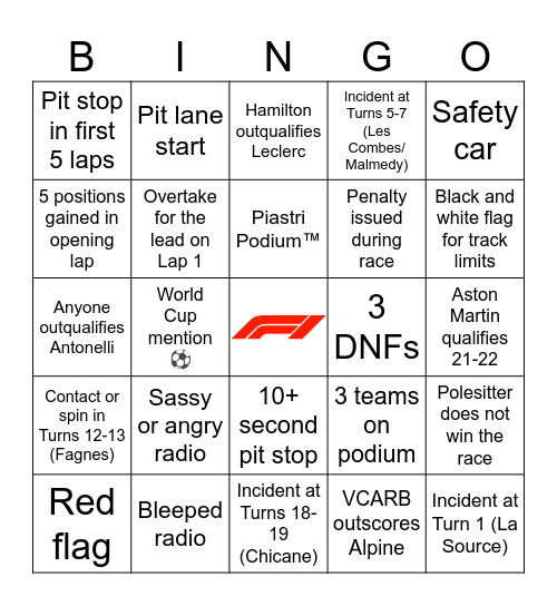 F1 Bingo - Belgium 2026 Bingo Card