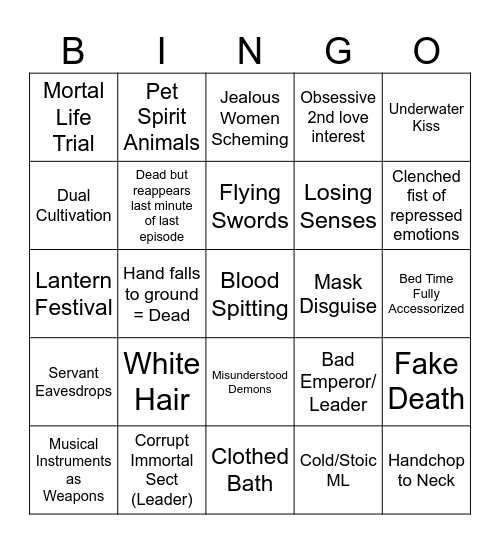 Xianxia/Xuanhuan/Wuxia Bingo Card