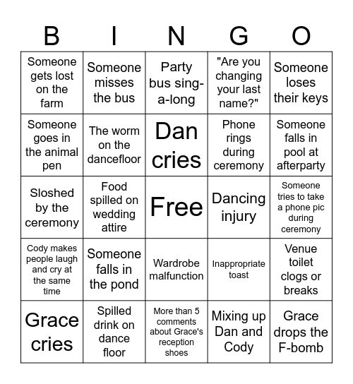 Grace and Dan's Wedding Bingo Card