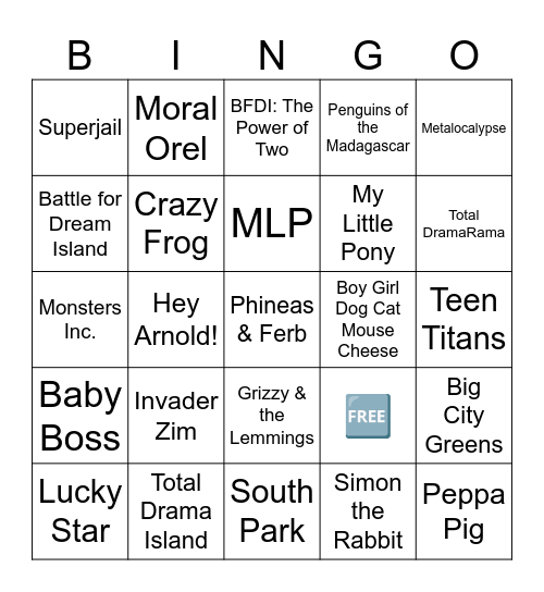 Scenecore/Spacehey Shows (plus Crazy Frog) Bingo Card