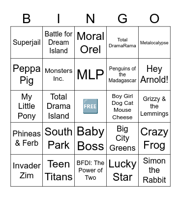 Cartoon Shows (plus Crazy Frog) Bingo Card Bingo Card