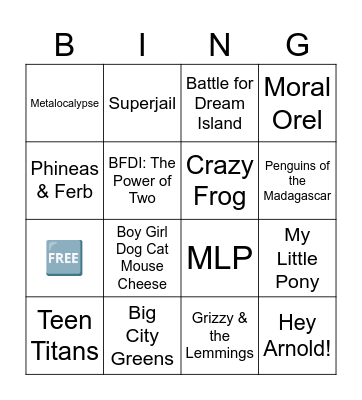 Cartoon Shows (plus Crazy Frog) Bingo Card Bingo Card