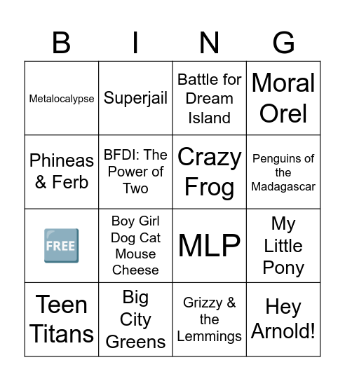 Cartoon Shows (plus Crazy Frog) Bingo Card Bingo Card