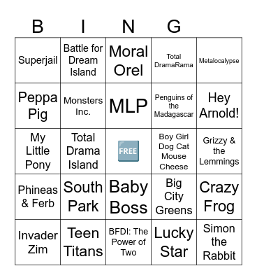 Cartoon Shows (plus Crazy Frog) Bingo Card Bingo Card