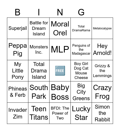 Cartoon Shows (plus Crazy Frog) Bingo Card Bingo Card