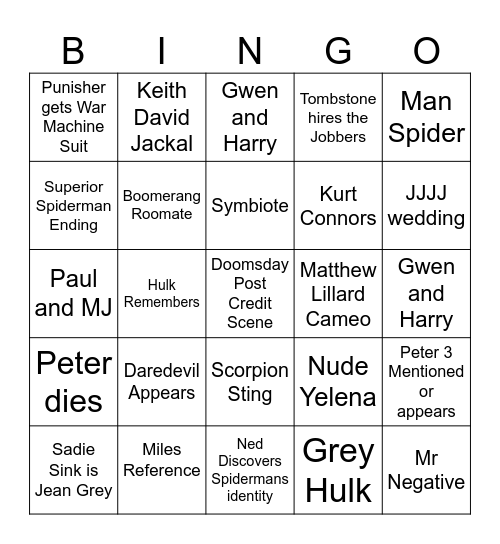 Spiderman BND Bingo Card