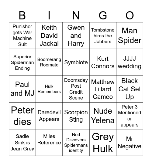 Spiderman BND Bingo Card