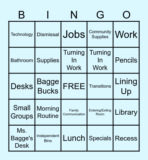 Classroom Procedures Bingo Card