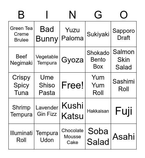 Washoku Bingo Card