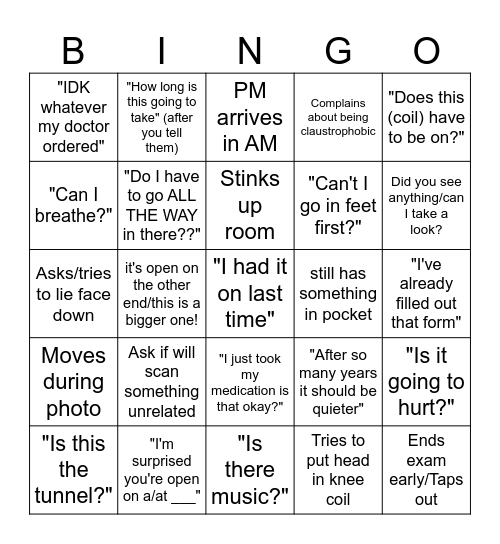 MRI BINGO Card