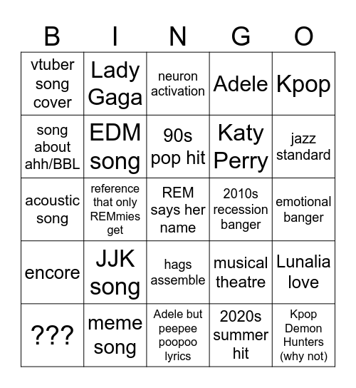 REM Summer Concert 2026 Bingo Card