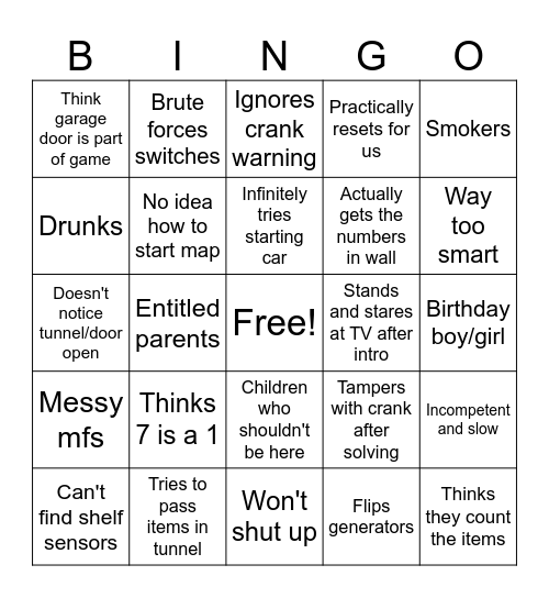 Escape room behaviors Bingo Card